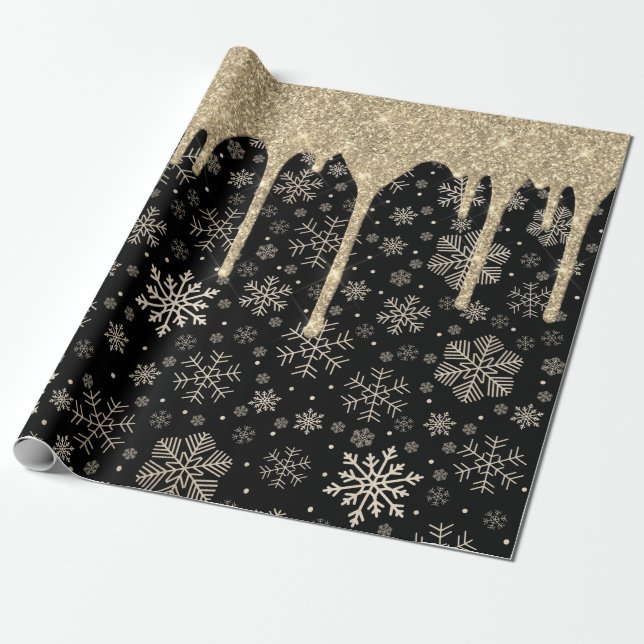 Elegant Gold Snowflake Pattern Dripping Glitter  Wrapping Paper (Unrolled)