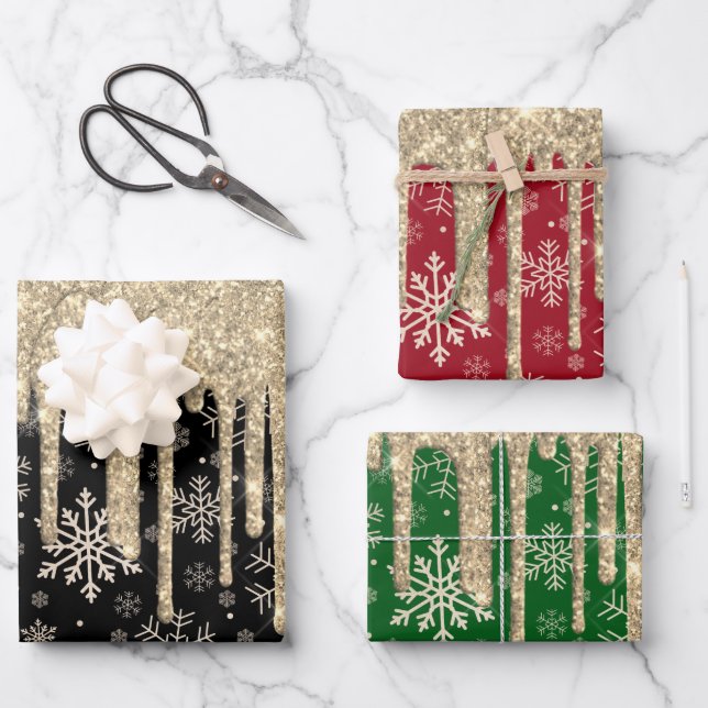 Elegant Gold Snowflake Pattern Dripping Glitter  Wrapping Paper Sheet (Front)