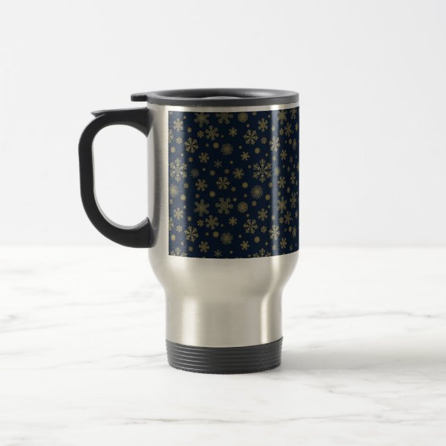 Elegant Gold Snowflake Winter Pattern Travel Mug (Left)