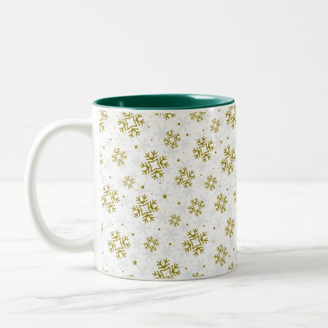 Elegant Gold Snowflake Winter Pattern Two-Tone Coffee Mug (Left)