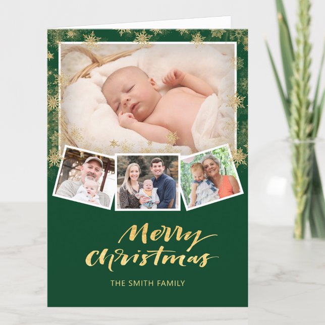 Elegant Gold Snowflakes Chic Script Modern Green Holiday Card (Creator Uploaded)