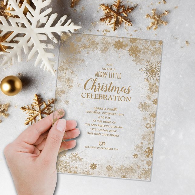 Elegant Gold Snowflakes Christmas Party Acrylic Invitations (Elegant gold snowflakes ACRYLIC Christmas party invitations)