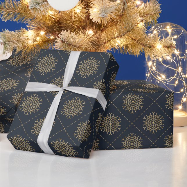 Elegant Gold Snowflakes On Blue Christmas Wrapping Paper (Holidays)