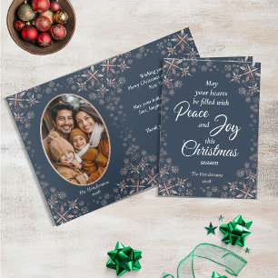 Elegant Gold Snowflakes Peace Joy Blue Photo Holiday Card