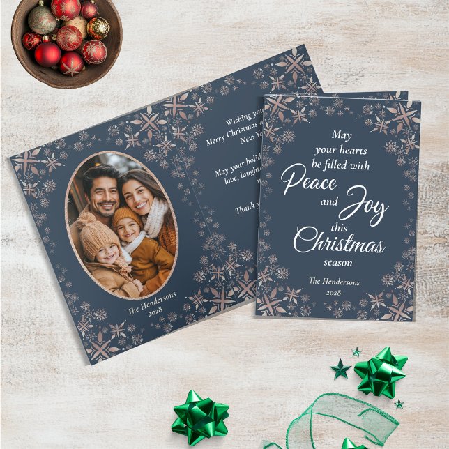 Elegant Gold Snowflakes Peace Joy Blue Photo Holiday Card (Creator Uploaded)