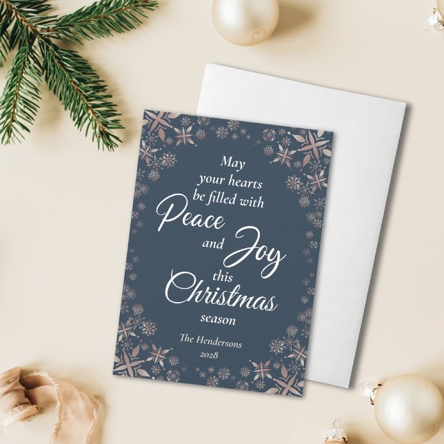 Elegant Gold Snowflakes Peace Joy Navy Blue Holiday Card (Creator Uploaded)