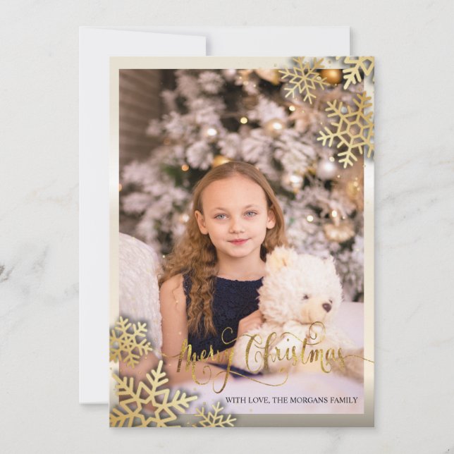 Elegant Gold Snowflakes Photo Merry Christmas (Front)
