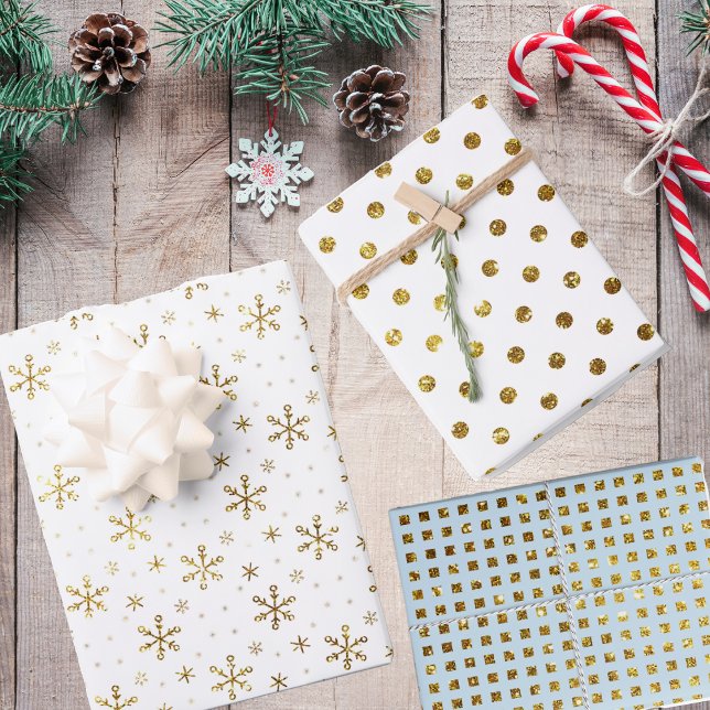 Elegant Gold Snowflakes, Polka dots and Squares Wrapping Paper Sheet (Creator Uploaded)