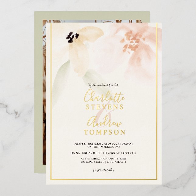 Elegant gold soft floral watercolor wedding photo (Front/Back)