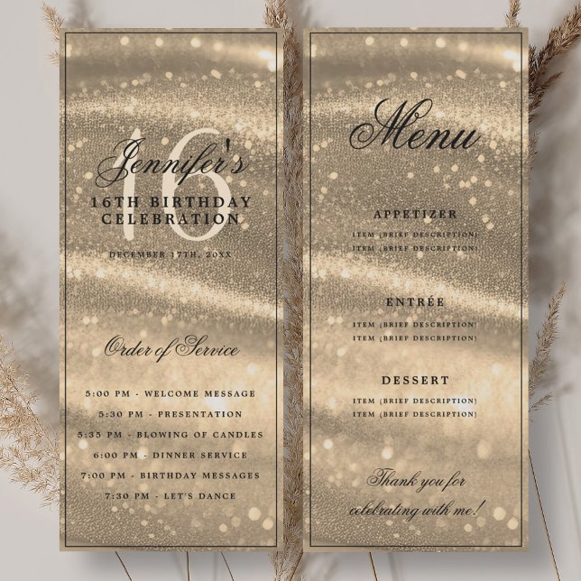 Elegant Gold Sparkle 16th Birthday Program Menu Invitation (Elegant Gold Sparkle 16th Birthday Program Menu)