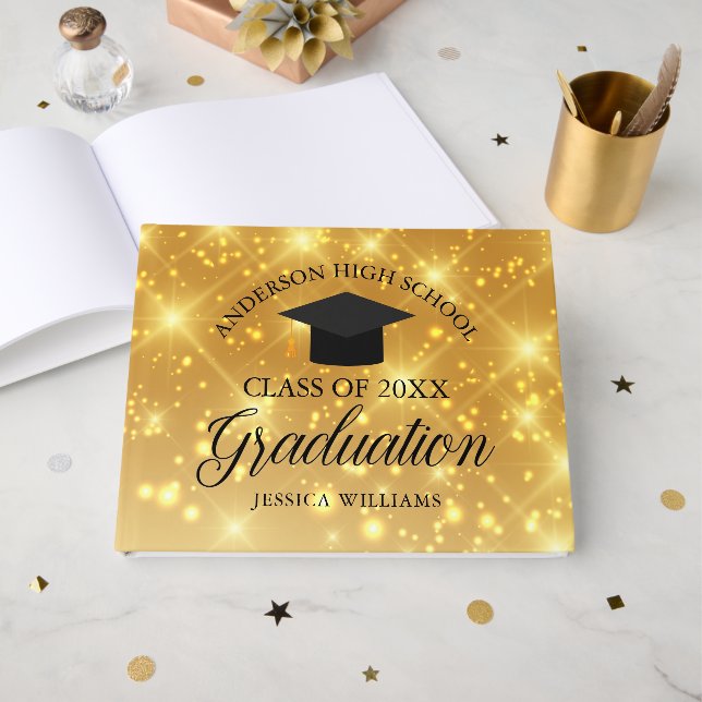 Elegant Gold Sparkle 2025 Graduation Custom School Guest Book (Front Open)