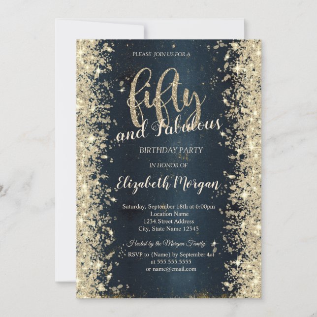 Elegant Gold Sparkle Dark Blue 50th Birthday  Invitation (Front)