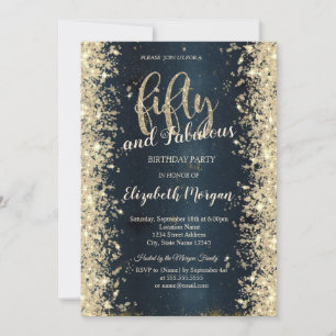 Elegant Gold Sparkle Dark Blue 50th Birthday Invitation