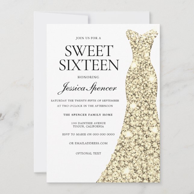 Elegant Gold Sparkle Dress Sweet 16 Invite (Front)