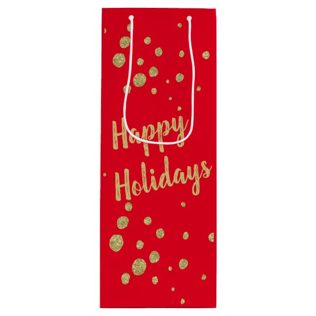 Elegant Gold Sparkle Happy Holidays Red  Wine Gift Wine Gift Bag (Front)