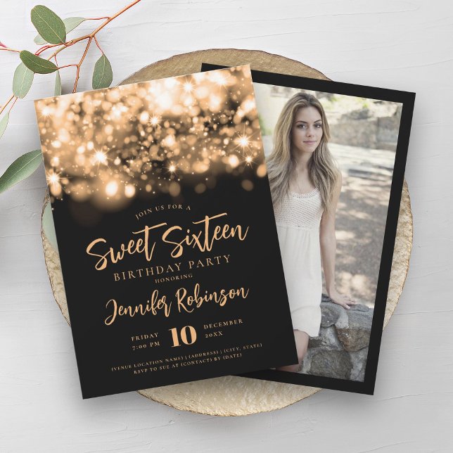 Elegant Gold Sparkle Lights Photo Sweet 16   Invitation (Elegant Gold Sparkle Lights Photo Sweet 16 Invitation)
