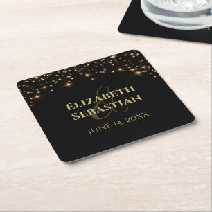 Elegant Gold Sparkle Stars on Black Simple Wedding Square Paper Coaster