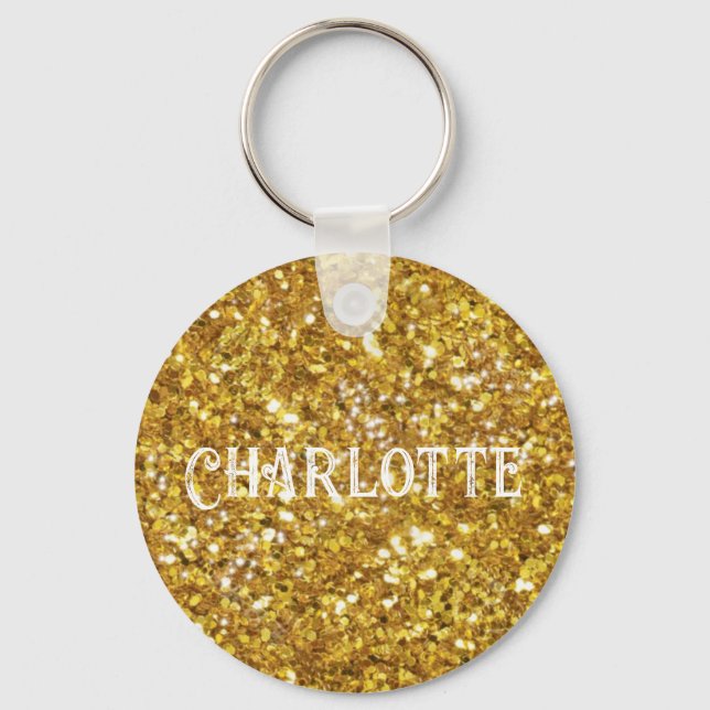 Elegant gold sparkles glitter personalise key ring (Front)