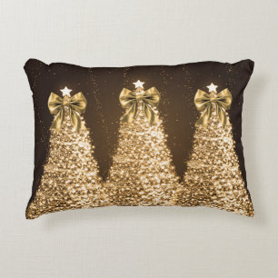 Elegant Gold Sparkling Christmas Trees & Bows Decorative Cushion