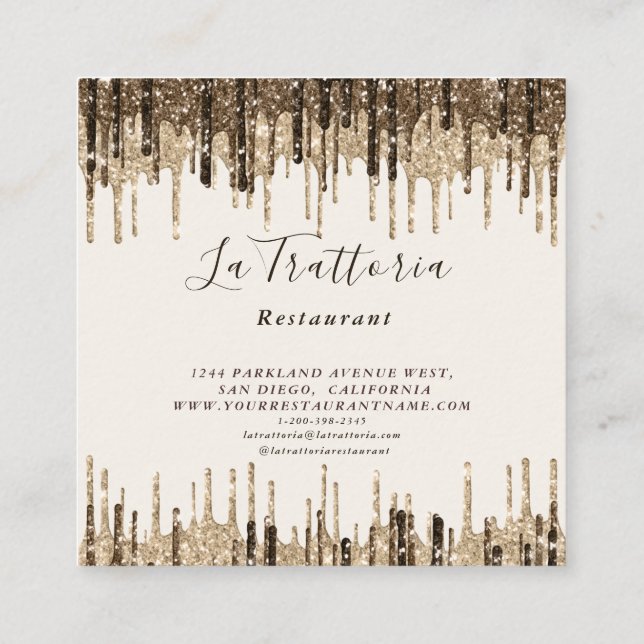 Elegant Gold Sparks Drips La Trattoria Restaurant  Square Business Card (Back)