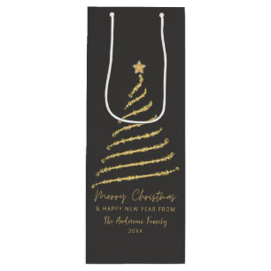 Elegant Gold Spiral Christmas Tree Merry Christmas Wine Gift Bag