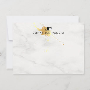 Elegant Gold Splash Modern Monogram White Marble Card