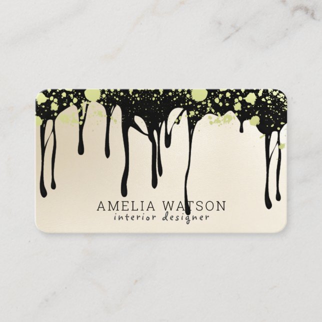 Elegant Gold Splatter and Black Dripping Paint Business Card (Front)