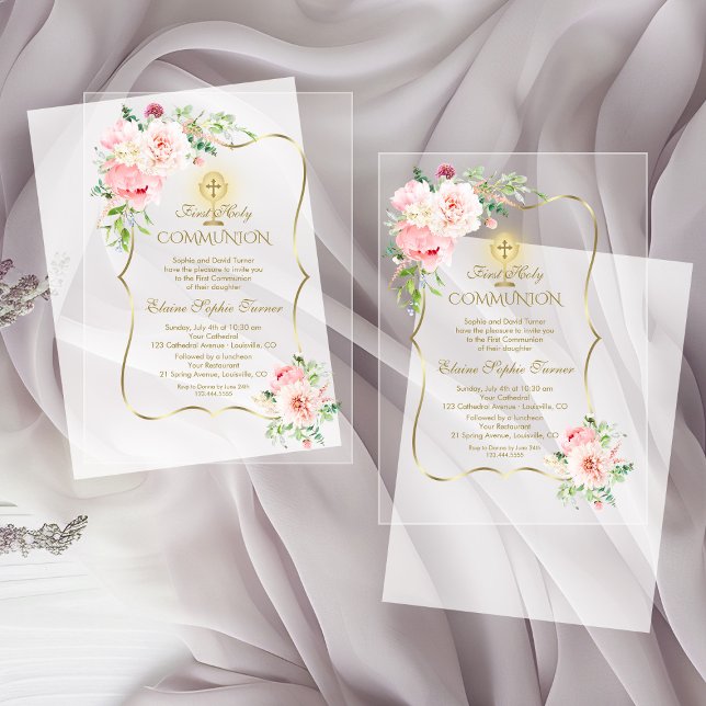 Elegant Gold Spring Blush Floral Holy Communion Acrylic Invitations (Creator Uploaded)