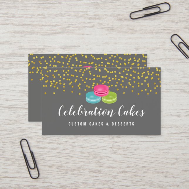 Elegant Gold Sprinkles Macaron Bakery Business Card (Front/Back In Situ)
