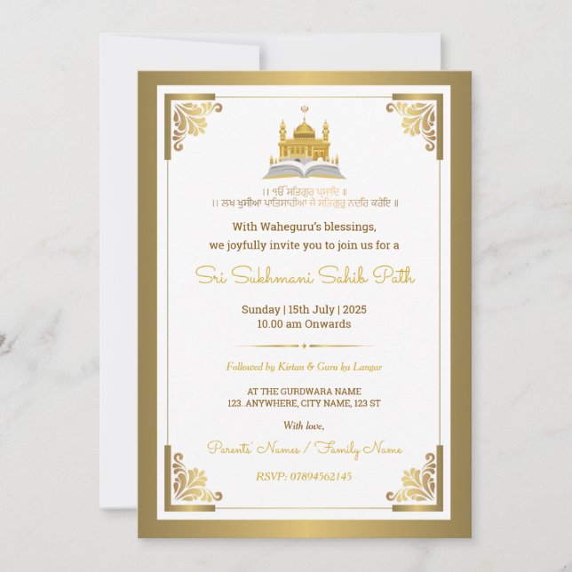 Elegant Gold Sri Sukhmani Sahib Path Invitation (Front)