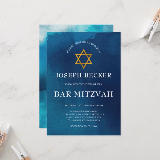 Elegant Gold Star of David Bar Mitzvah  Invitation (Front/Back In Situ)