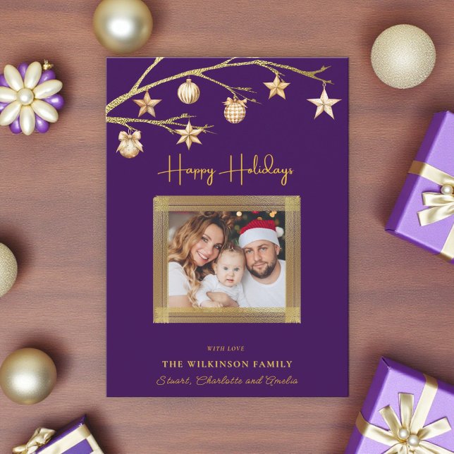 Elegant Gold Star Ornaments Purple Holiday Card (Creator Uploaded)
