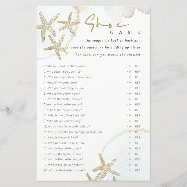 Elegant Gold Starfish Shoe Game Bridal Shower Game (Front)