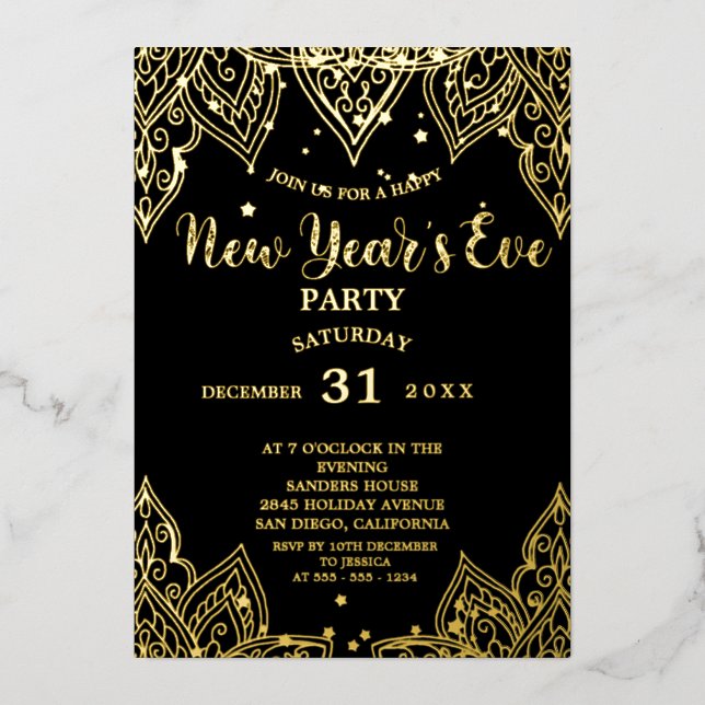 Elegant Gold Stars Black New Year's Eve Party   (Front)