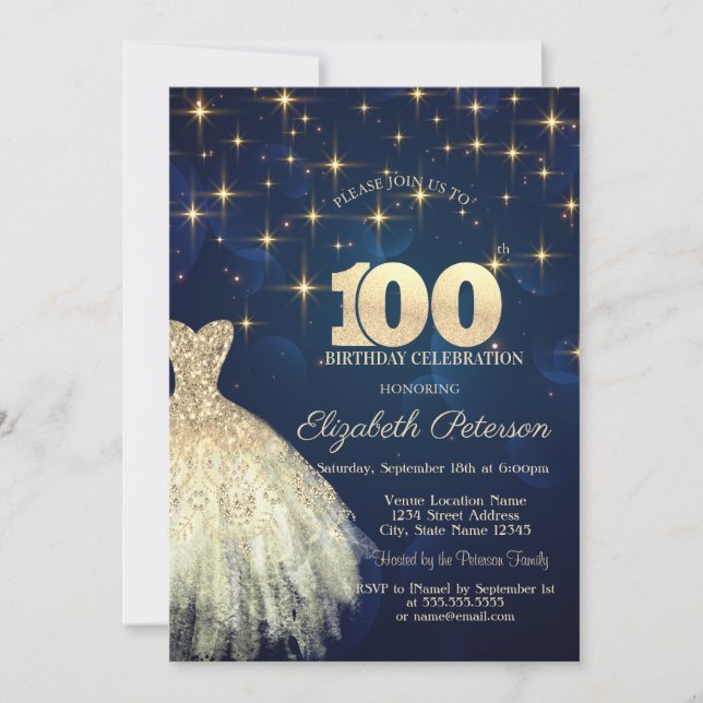 Elegant Gold Stars Dress Navy Blue 100th Birthday Invitation (Front)