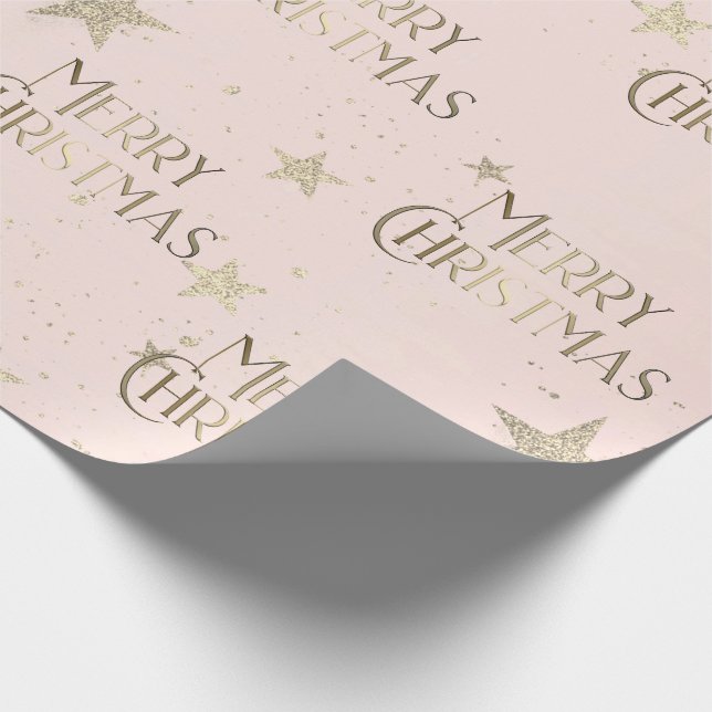 Elegant Gold Stars Merry Christmas Pink Wrapping Paper (Corner)
