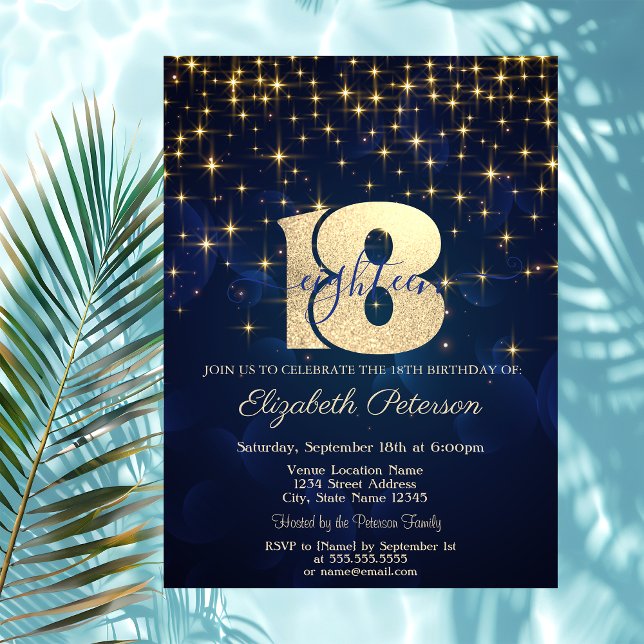 Elegant Gold Stars Navy Blue 18th Birthday Party Invitation (Creator Uploaded)