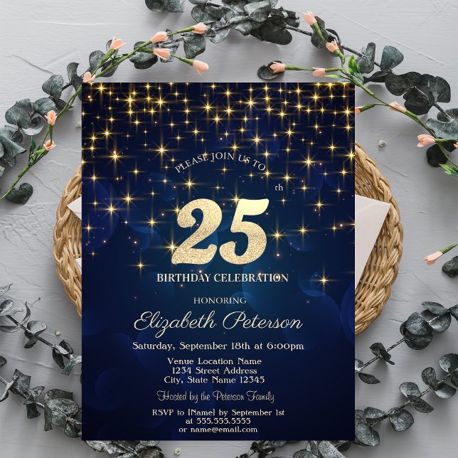 Elegant Gold Stars  Navy Blue 25th Birthday Party Invitation (Creator Uploaded)