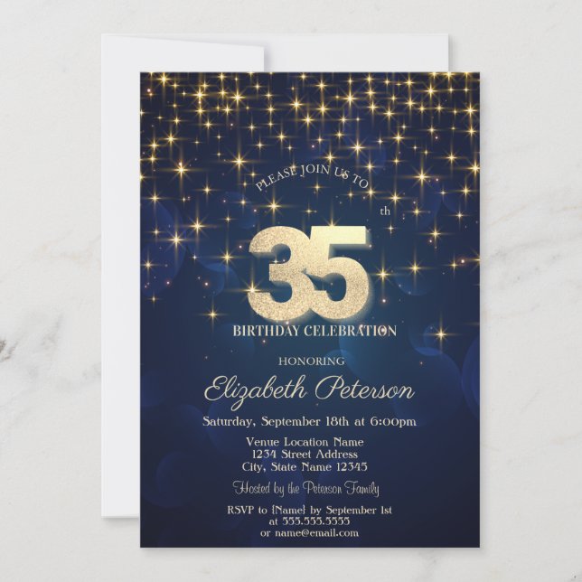 Elegant Gold Stars  Navy Blue 35th Birthday Party Invitation (Front)