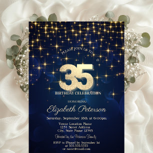 Elegant Gold Stars Navy Blue 35th Birthday Party Invitation