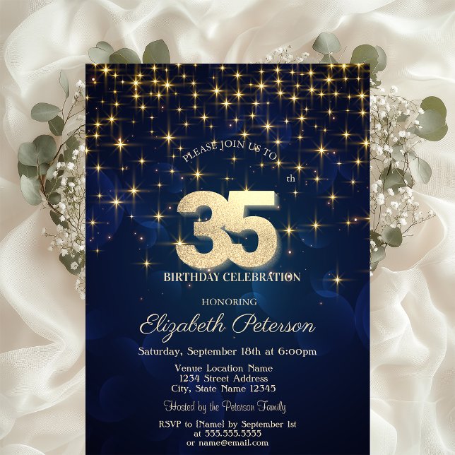 Elegant Gold Stars  Navy Blue 35th Birthday Party Invitation (Creator Uploaded)