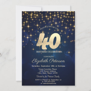 Elegant Gold Stars Navy Blue 40th Birthday Party Invitation