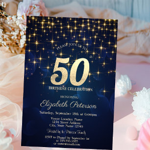 Elegant Gold Stars  Navy Blue 50th Birthday Party Invitation