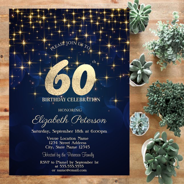 Elegant Gold Stars  Navy Blue 60th Birthday Party Invitation (Creator Uploaded)