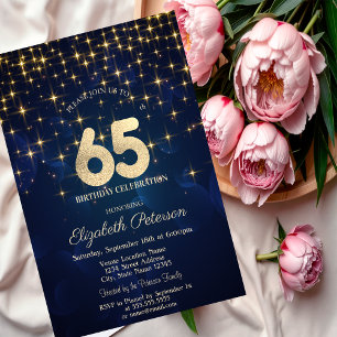 Elegant Gold Stars Navy Blue 65th Birthday Party Invitation
