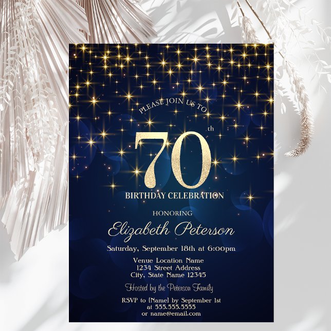 Elegant Gold Stars  Navy Blue 70th Birthday Party Invitation (Creator Uploaded)