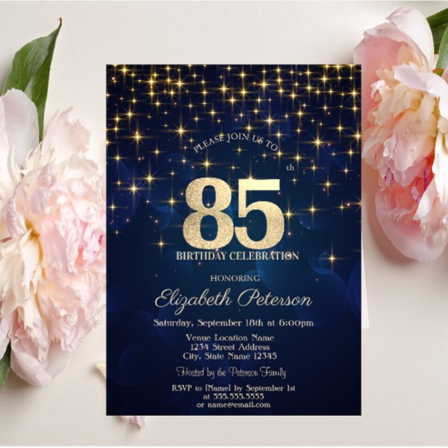 Elegant Gold Stars  Navy Blue 85th Birthday Party Invitation (Creator Uploaded)