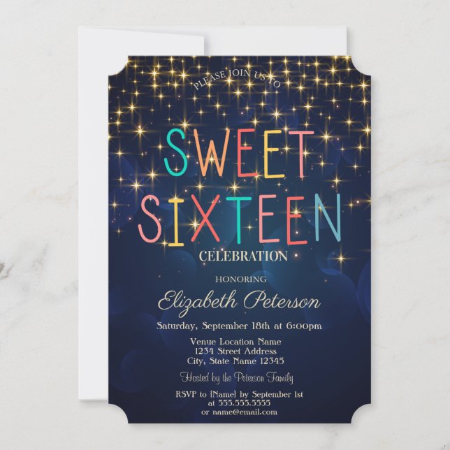 Elegant Gold Stars  Navy Blue Colourful Sweet 16 Invitation (Front)