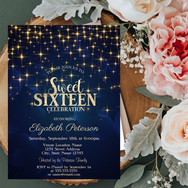 Elegant Gold Stars  Navy Blue Sweet 16 Invitation (Creator Uploaded)