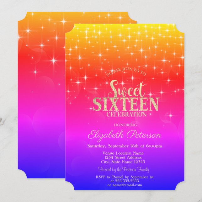 Elegant Gold Stars Ombre Sweet 16 Invitation (Front/Back)